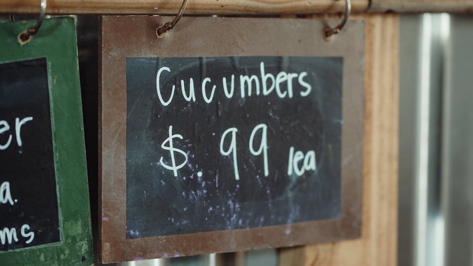 A close-up of a black chalkboard sign with a brown wooden frame, displaying handwritten white chalk text that reads 'Cucumbers $9.99 each.' The sign is mounted on a wooden surface, possibly part of a 